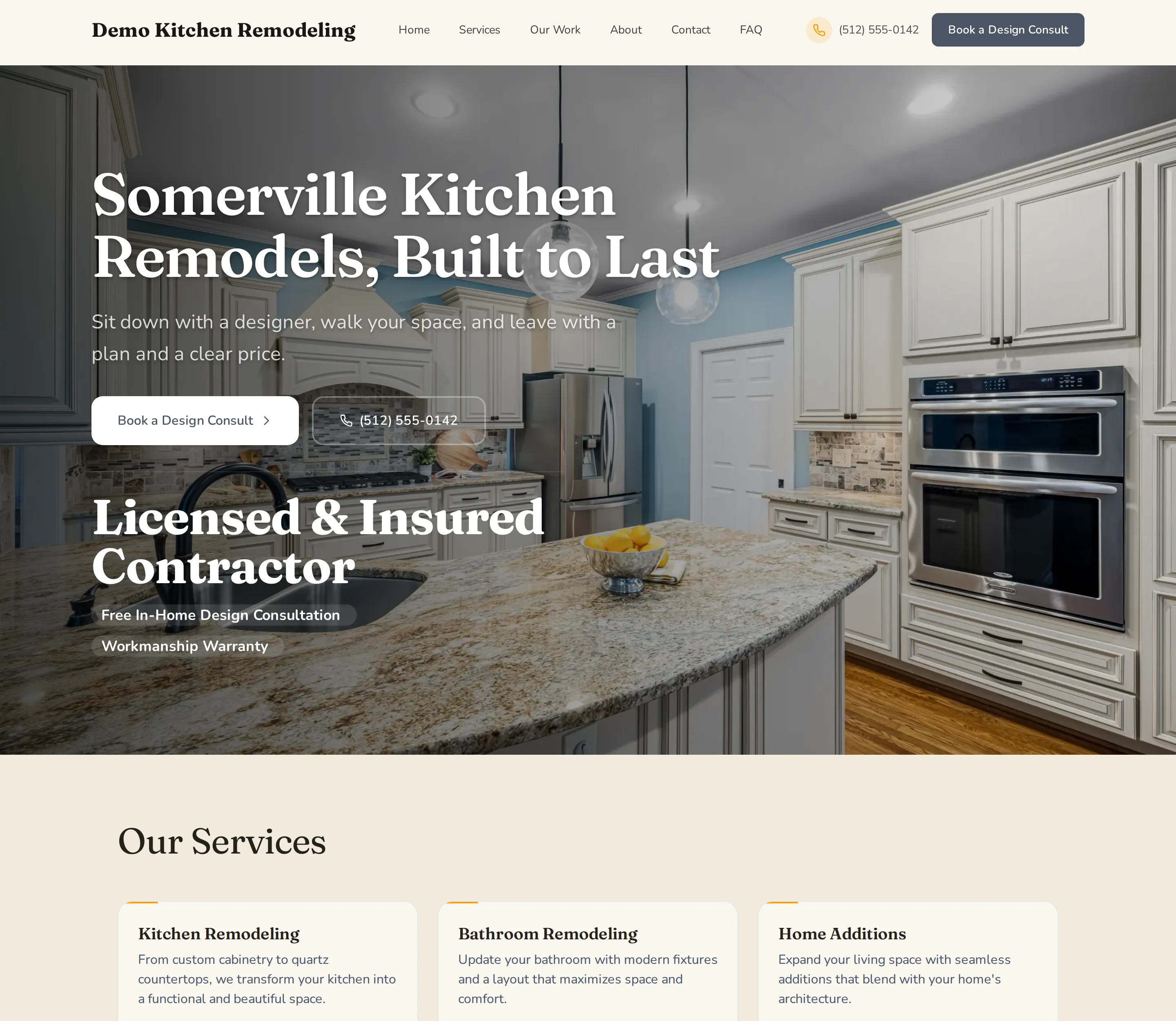 Demo Kitchen Remodeling, a live kitchen remodeling site built by Fasite